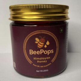 BeePops Himalayan Honey 250g jar with golden lid, maroon label featuring a smiling bee logo, honey drops icon, and text ‘BeePops Himalayan Honey – from Dr. MA Essentials