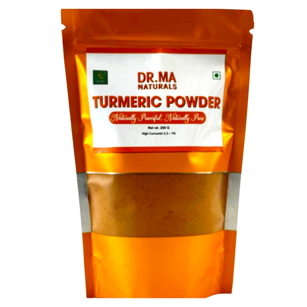 Dr. Ma Naturals Himalayan Turmeric Powder 200g standing pouch – pure, high-curcumin haldi sourced from Himalayan hills, natural and chemical-free.