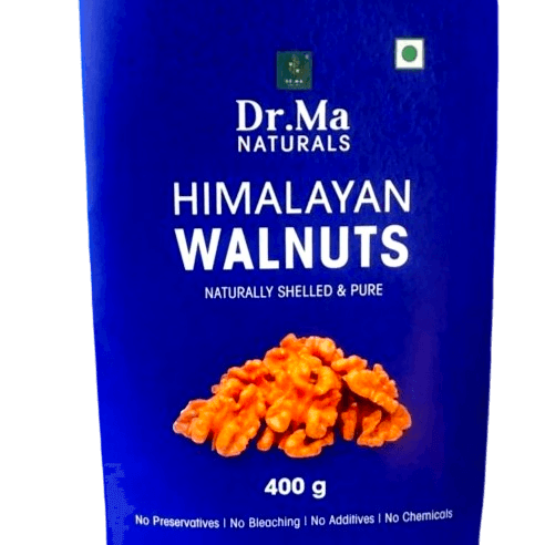 Dr. Ma Himalayan Shelled Walnuts-natural, unbleached, chemical-free walnuts from Uttarakhand Himalayas in blue pouch packaging.